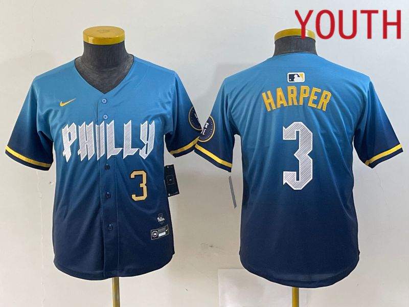 Youth Philadelphia Phillies 3 Bryce Harper Nike Blue 2024 City Connect Limited Player Jersey style 3